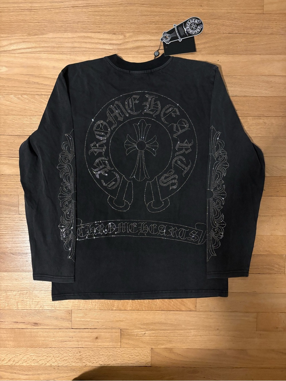 Faded Dark grey rhinestone chrome hearts long sleeve Shirt